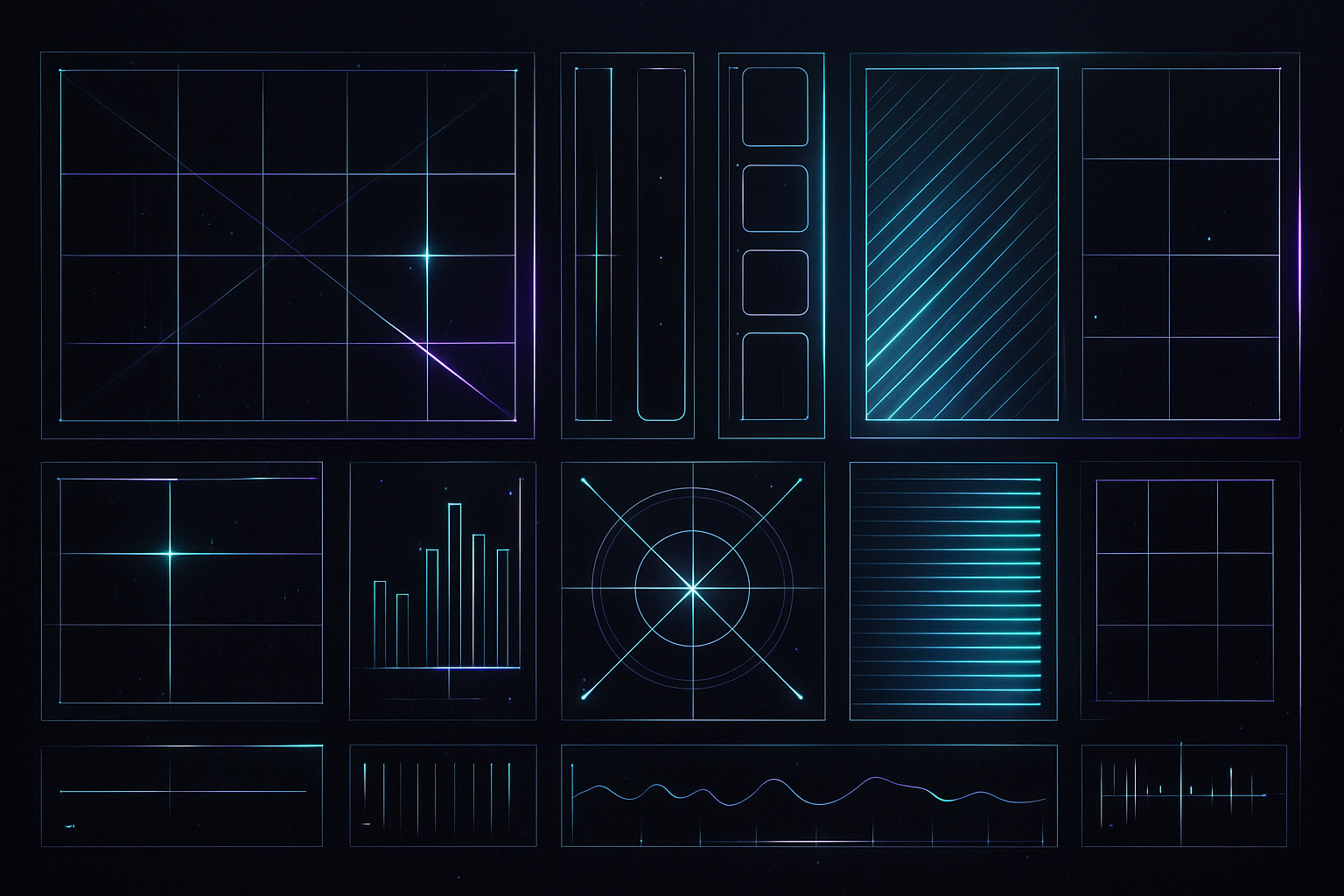 Коллаж интерфейса: панели, сетки, блоки, тонкие неоновые линии